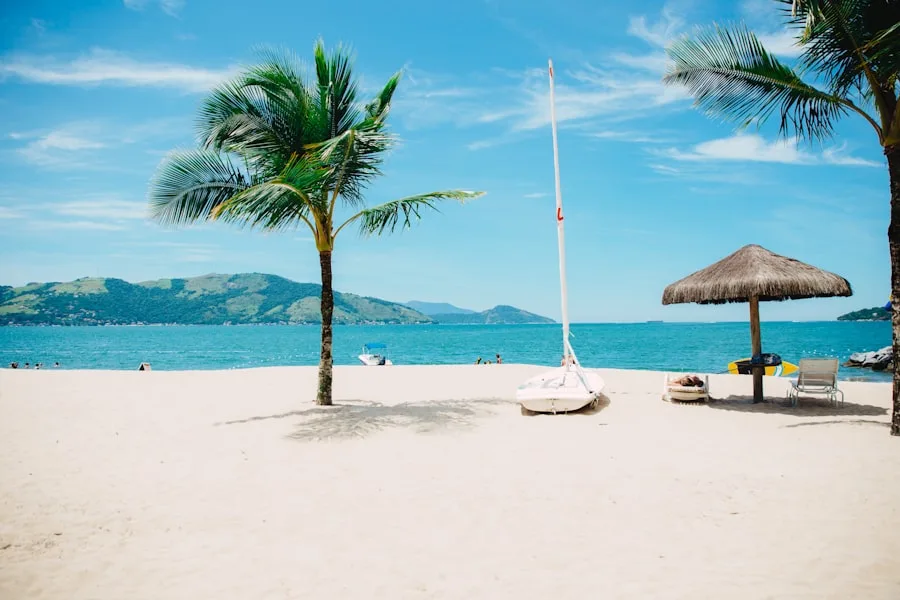 Beach chairs and umbrella on the community's private beach